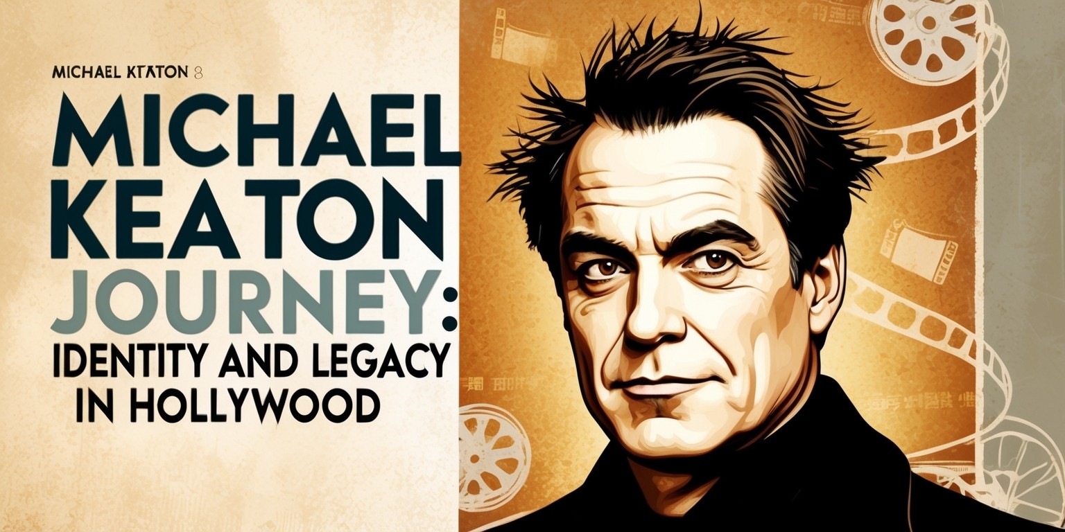 A vintage-inspired, illustrated portrait of Michael Keaton, surrounded by cinematic elements and subtle hints of his iconic movie characters, against a warm, nostalgic background with a mix of earthy tones such as oatmeal, sienna, and golden brown, evoking a sense of timelessness and legendary status. Keaton's facial features are defined, with a strong jawline, piercing brown eyes, and a distinctive nose, his hair messy and unkempt, conveying a sense of rugged individuality. The article title Michael Keaton's Journey: Identity and Legacy in Hollywood is emblazoned in bold, modern font, with clean lines and a subtle gradient effect, in a contrasting cool gray tone, above Keaton's head, while faint, sketchy outlines of film reels, cameras, and spotlights are scattered throughout the background, paying homage to his illustrious career in Hollywood.