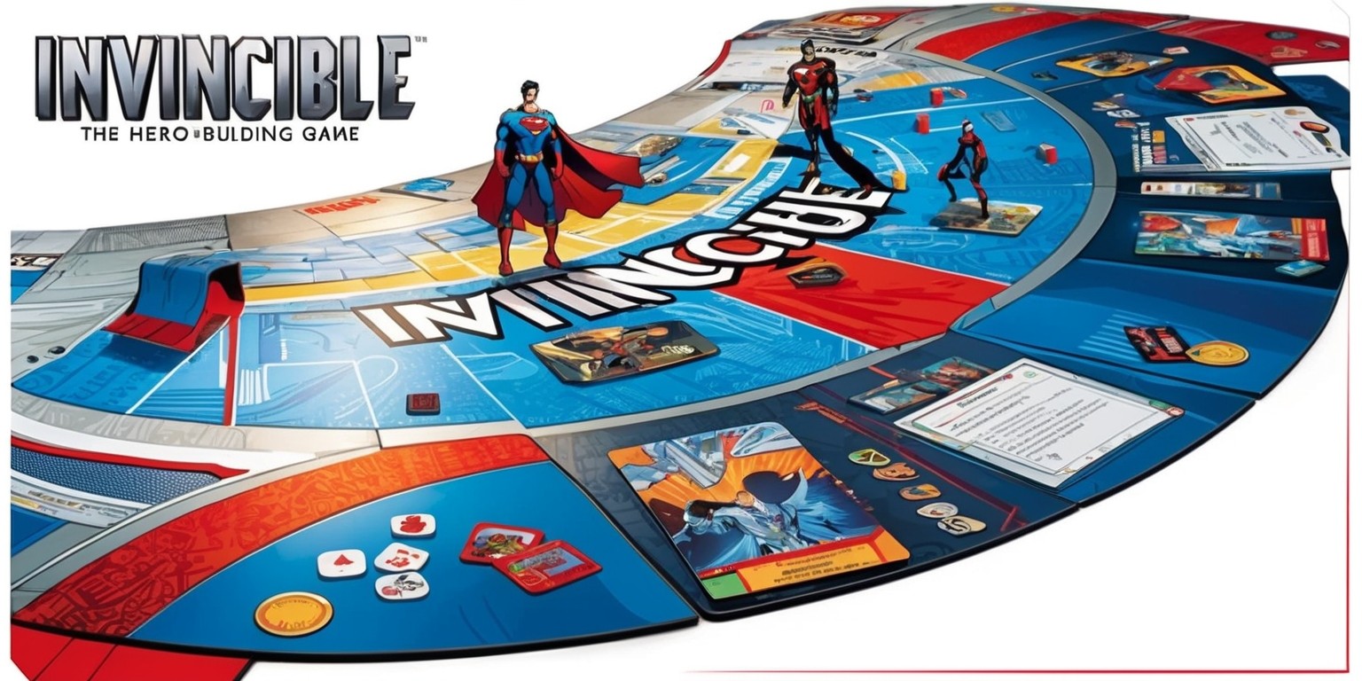 A vibrant, high-energy illustration of the Invincible: The Hero-Building Game board game, showcasing the entire game surface with its colorful, comic book-inspired artwork, bold typography, and intricate design elements. The board itself is a dynamic, curved shape, divided into different zones and sections, with varied textures and patterns. The game pieces, cards, and tokens are scattered across the surface, with a few superheroes standing tall, their costumes and capes flowing dramatically. The overall aesthetic is a blend of classic comic book style and modern gaming design, with bold lines, bright colors, and subtle gradients. The dominant colors are blues, reds, and whites, with accents of gold and silver, evoking a sense of excitement, action, and heroism. The illustration is framed by a subtle, white border, with the game title Invincible emblazoned across the top in bold, metallic letters, with the subtitle The Hero-Building Game written in smaller text below.