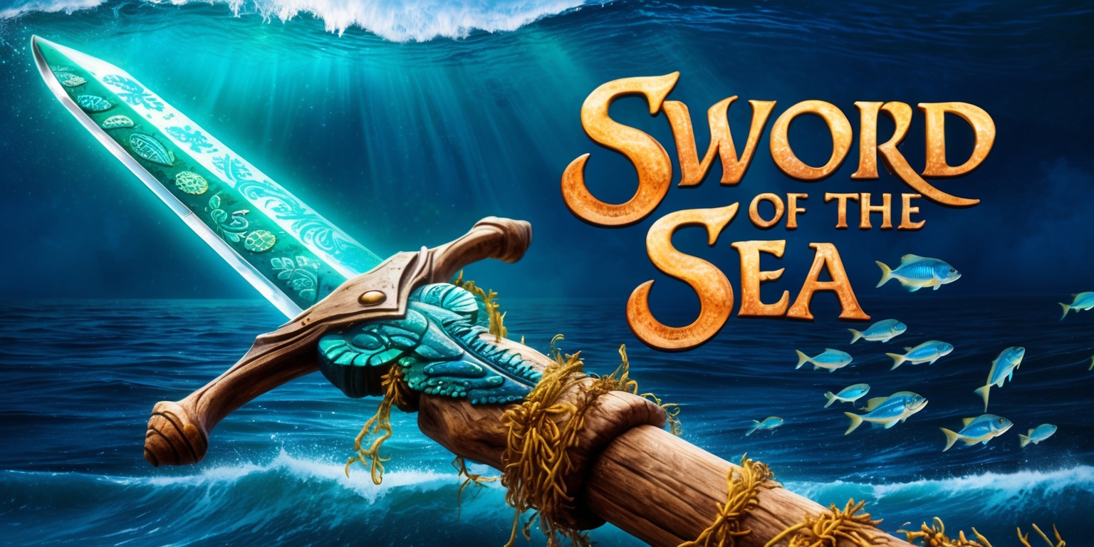 A majestic sword rises from the ocean's depths, its blade shimmering with a mesmerizing turquoise glow, adorned with intricate carvings of sea creatures and shells, set against a backdrop of a vast, dark blue sea with waves gently crashing in the distance, the sword's hilt made of polished driftwood and wrapped with strands of golden seaweed, a school of bioluminescent fish darting past the sword's tip, with the game's title, Sword of the Sea, emblazoned in bold, cursive script with a weathered, oceanic feel, in a warm, golden color, as if carved into a piece of driftwood, with the overall scene evoking a sense of mystery, adventure, and ancient mythology.