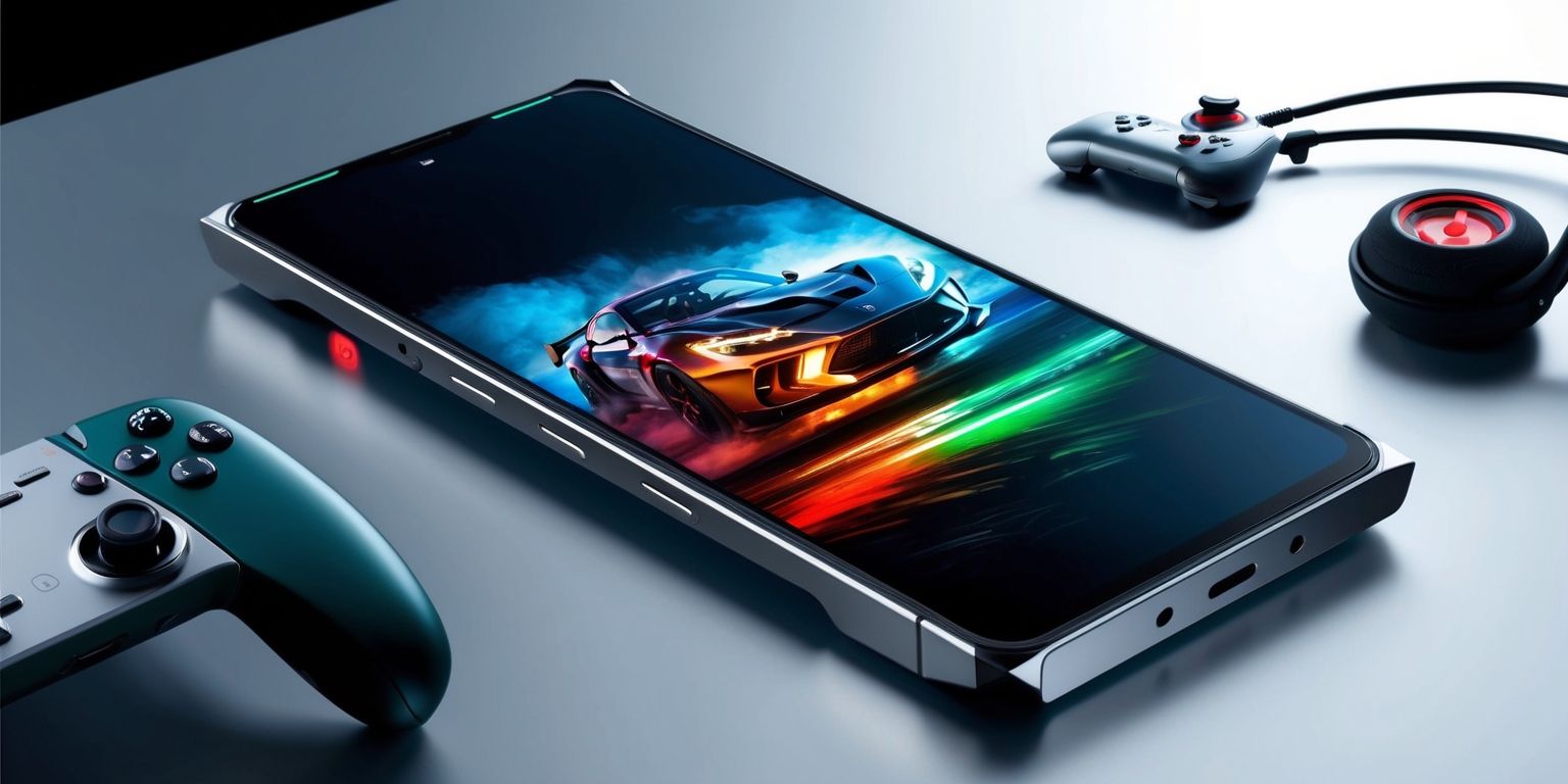 A sleek and modern gaming smartphone with a large high-definition screen displaying a vibrant and detailed video game, the device has a durable metal body with a matte finish and subtle angular lines, the screen is surrounded by a thin black bezel, the smartphone is placed on a minimalist background with a few gaming accessories such as a controller and a headset nearby, the overall color scheme is a mix of deep blues and silvers with accents of bright green and red, the lighting is soft and subtle with a slight glow effect on the screen and the metal body of the smartphone.