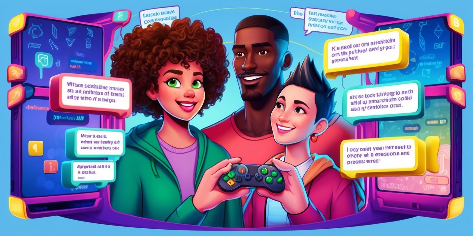 A vibrant digital illustration of a interactive storytelling game, showcasing a visually appealing interface with a mix of bold fonts and colorful graphics, set against a soft blue background, with a group of diverse characters including a young woman with curly brown hair and bright green eyes, a man with a strong jawline and dark skin, and a non-binary person with short spiky hair and a warm smile, all engaged in a dynamic conversation, surrounded by floating text boxes and dialogue options, with a stylized game controller and a few subtle fantasy elements, such as glowing runes and mystical symbols, integrated into the design, and a sense of depth and dimensionality achieved through the use of layers and subtle shading.