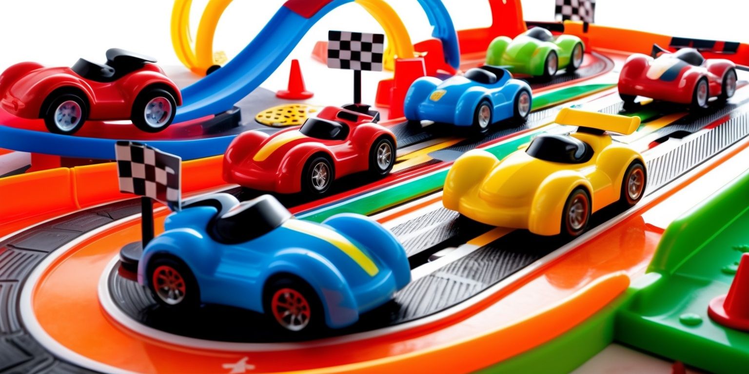 A vibrant toy racing game scene featuring several colorful miniature race cars speeding around a detailed plastic track, with loop-the-loops, ramps, sharp curves, guardrails, and painted lane markings. Bright red, blue, yellow, and green vehicles with glossy surfaces and chunky toy-like designs compete against one another. The track sits on a playful tabletop playset with small signs, cones, checkered racing banners, and scattered accessories. Dynamic low-angle composition, energetic sense of motion, dramatic curves, colorful studio lighting, crisp details, polished plastic textures, cheerful arcade-inspired aesthetics, and a clean vibrant background.