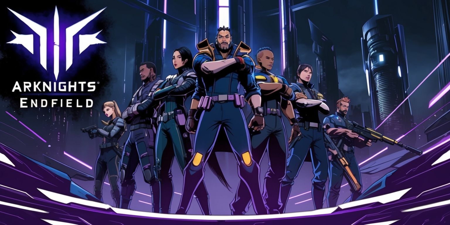 A futuristic sci-fi themed illustration depicting a key scene from the Arknights Endfield game event, with a dark ominous cityscape in the background, featuring sleek and modern skyscrapers, neon lights, and advanced technology, in the foreground a group of characters from the game, including operators with unique abilities and distinctive outfits, standing together in a powerful pose, with a mix of determined and concerned facial expressions, the color palette is a blend of deep blues and purples, with accents of bright neon colors, the overall style is a mix of anime and western comic book influences, with bold lines, dynamic shading, and intricate details, the characters are positioned in a semicircle, with the cityscape stretching out behind them, and the Arknights logo prominently displayed in the top left corner, in a bold futuristic font.