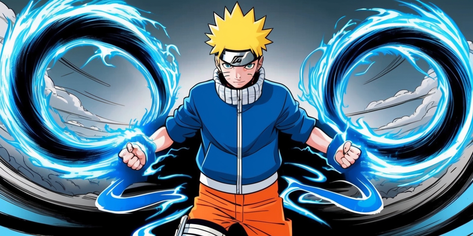 A vibrant manga illustration depicting Boruto, the protagonist of the popular manga and anime series, standing dynamically with a powerful stance, clad in his iconic blue jacket with a white collar and orange pants, his spiky blonde hair electrified, surrounded by a mesmerizing aura of two blue swirling vortexes, one on either side of him, their tendrils curling around his legs and arms, as if channeling his immense ninja energy, set against a bold, gradient blue background with subtle, wispy clouds, evoking a sense of intense action and dramatic tension, with bold, expressive lines and vibrant colors characteristic of the manga style, the overall composition boldly framed to emphasize Boruto's central presence.