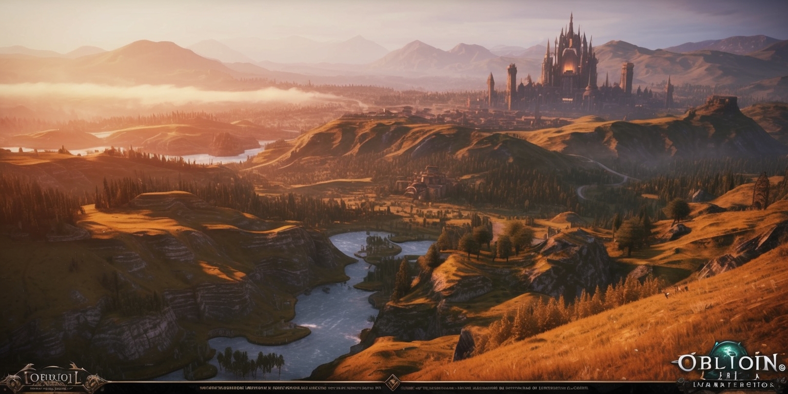 A breathtaking landscape of the fantasy world Cyrodiil from the Oblivion Remastered game, set during the golden hour, with a warm orange glow casting long shadows across the rugged terrain, featuring the majestic Imperial City in the distance, surrounded by rolling hills, dense forests, and sparkling water bodies, with a subtle mist lingering in the air, capturing the essence of the Elder Scrolls universe, rendered in vivid colors with intricate textures and detailed architecture, showcasing the grandeur and mystery of the game's world, with a sense of adventure and exploration emanating from the atmosphere, inviting the viewer to step into the realm of Tamriel.