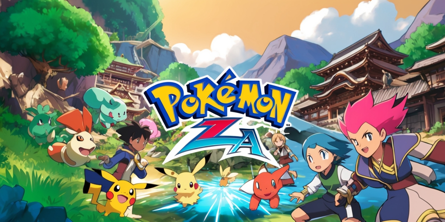 A vibrant, action-packed scene from Pokémon Legends: Z-A game, featuring a dynamic layout with a mix of lush green forests, rugged mountains, and serene water bodies, set against a warm, sunny backdrop with a few puffy white clouds, incorporating a variety of Pokémon and their trainers, with diverse facial features, skin tones, and unique attributes, amidst a backdrop of traditional Japanese-inspired architecture, blending fantasy and adventure elements, with bold lines, textures, and intricate details, and incorporating the game's logo in a modern, curved font with a metallic sheen, in a bright, eye-catching color scheme that reflects the game's energetic and exciting tone.