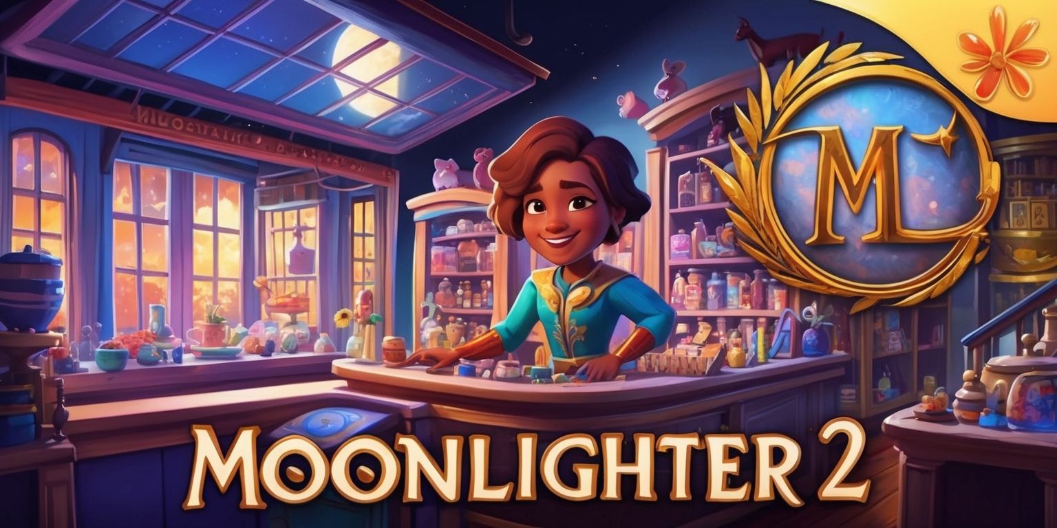 A vibrant digital illustration of the Moonlighter 2 game, featuring a bustling shop during the night with a warm and inviting atmosphere, the store's interior filled with various items and treasures, the shopkeeper standing behind the counter with a friendly smile, the character having distinct facial features, medium brown skin, and a unique outfit, with a subtle glow of moonlight shining through the windows, the colors ranging from soft blues and purples to warm oranges and yellows, the overall style reminiscent of a mix of fantasy and adventure elements, with intricate details and textures, and the game's logo prominently displayed in a bold, golden font at the top of the image, with a sense of excitement and wonder.