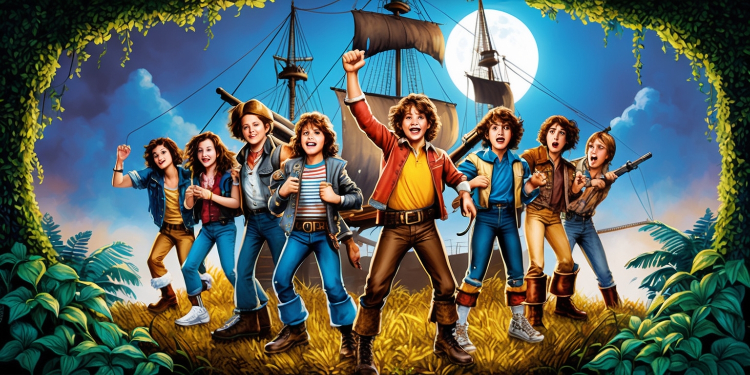 A vibrant and atmospheric illustration inspired by the 1985 cult classic The Goonies movie, featuring the lovable misfit gang of kids, led by Mikey Walsh, Mouth, Data, Chunk, Andy, Steff, and Brand, standing triumphantly in front of the iconic pirate ship, with the moon shining bright in the background, surrounded by lush greenery and vines, with a sense of adventure and camaraderie radiating from the group, each character showcasing their unique personality through facial expressions, clothing, and accessories, with a warm color palette dominated by earthy tones, blues, and golden hues, simulating the nostalgic feeling of a treasured vintage poster.