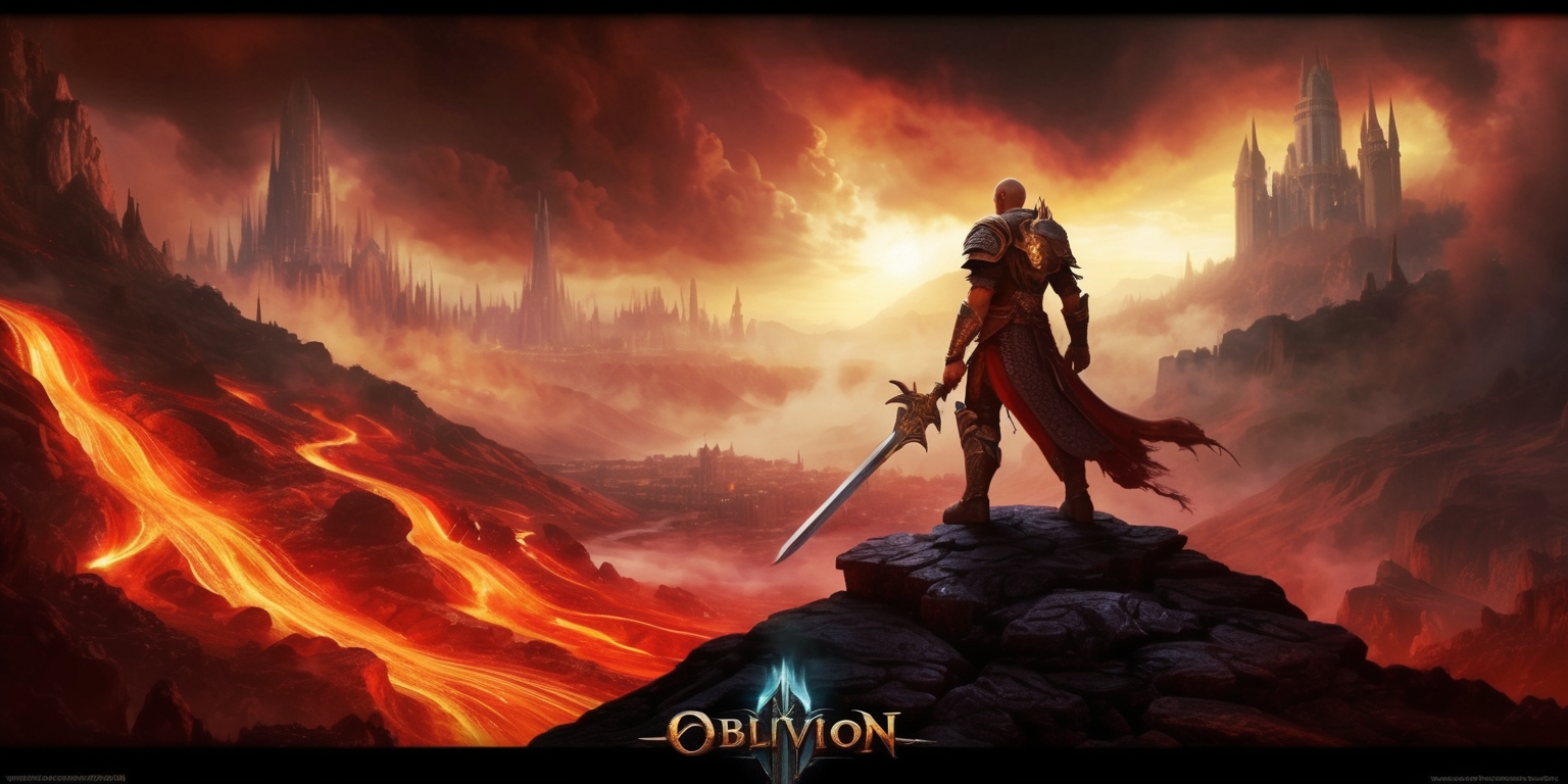 A stunning, vibrant digital artwork depicting a breathtaking scene from the acclaimed video game, Oblivion, set in the fantastical world of Cyrodiil. The composition showcases a grand, sweeping vista of the titular Oblivion realm, with twisting, hellish landscapes and molten lava flows in the foreground, and towering, imposing citadels in the distance, shrouded in a thick, eerie mist. The atmospheric lighting is warm, with hues of fiery oranges, deep reds, and dark yellows, evoking a sense of foreboding and adventure. In the center, a lone, heroic figure, perhaps the game's protagonist, stands atop a rocky outcropping, gazing out into the abyss, clad in worn, battle-worn armor, with intricate, ornate details on their sword and shield. The overall aesthetic is a masterful blend of dark fantasy and breathtaking, cinematic scope, capturing the essence of the game's epic story and immersive gameplay.