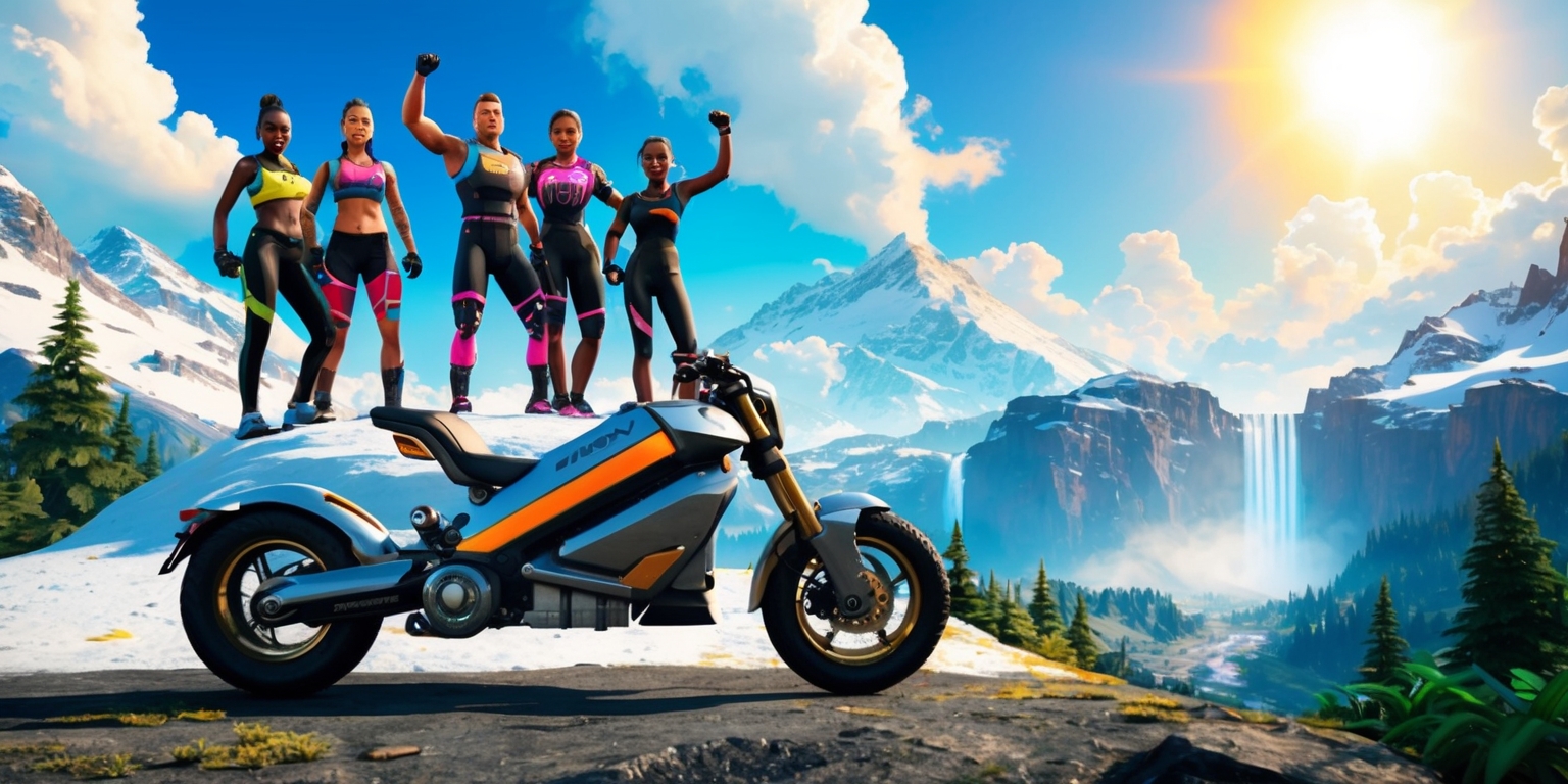 A dynamic, action-packed illustration of an adventure racing video game, set against a vibrant, sunny sky with fluffy white clouds, depicting a diverse group of four athletes, each with unique facial features and skin tones, wearing futuristic, high-tech gear and athletic wear, with hints of neon colors, standing triumphantly atop a rugged, snow-capped mountain, surrounded by lush green forests, with a distant, misty waterfall cascading down the valley, and a sleek, metallic hoverbike parked in the foreground, adorned with bold, angular logos and decals, with a complex, futuristic cityscape visible in the far distance, blending seamlessly into the natural environment, evoking a sense of thrill, exploration, and cutting-edge technology.