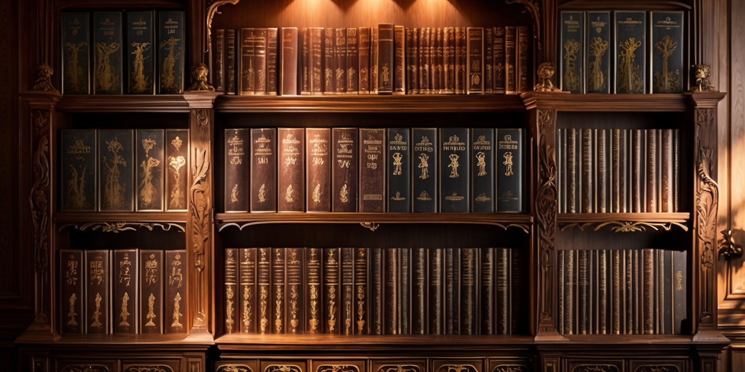 A majestic, ornate bookshelf filled with leather-bound tomes and movie cases showcasing the complete Lord of the Rings and Hobbit trilogies, with golden accents and elaborate font embossing, set against a warm, richly textured wooden background, with soft, ambient lighting casting long shadows, evoking a sense of nostalgia and fantasy, the books and cases arranged in a harmonious, slightly asymmetrical composition, with subtle hints of Middle-earth's landscape and architecture subtly integrated into the book spines and cover designs, the overall mood conveyed is one of timeless wonder and adventure, with a touch of luxury and sophistication.