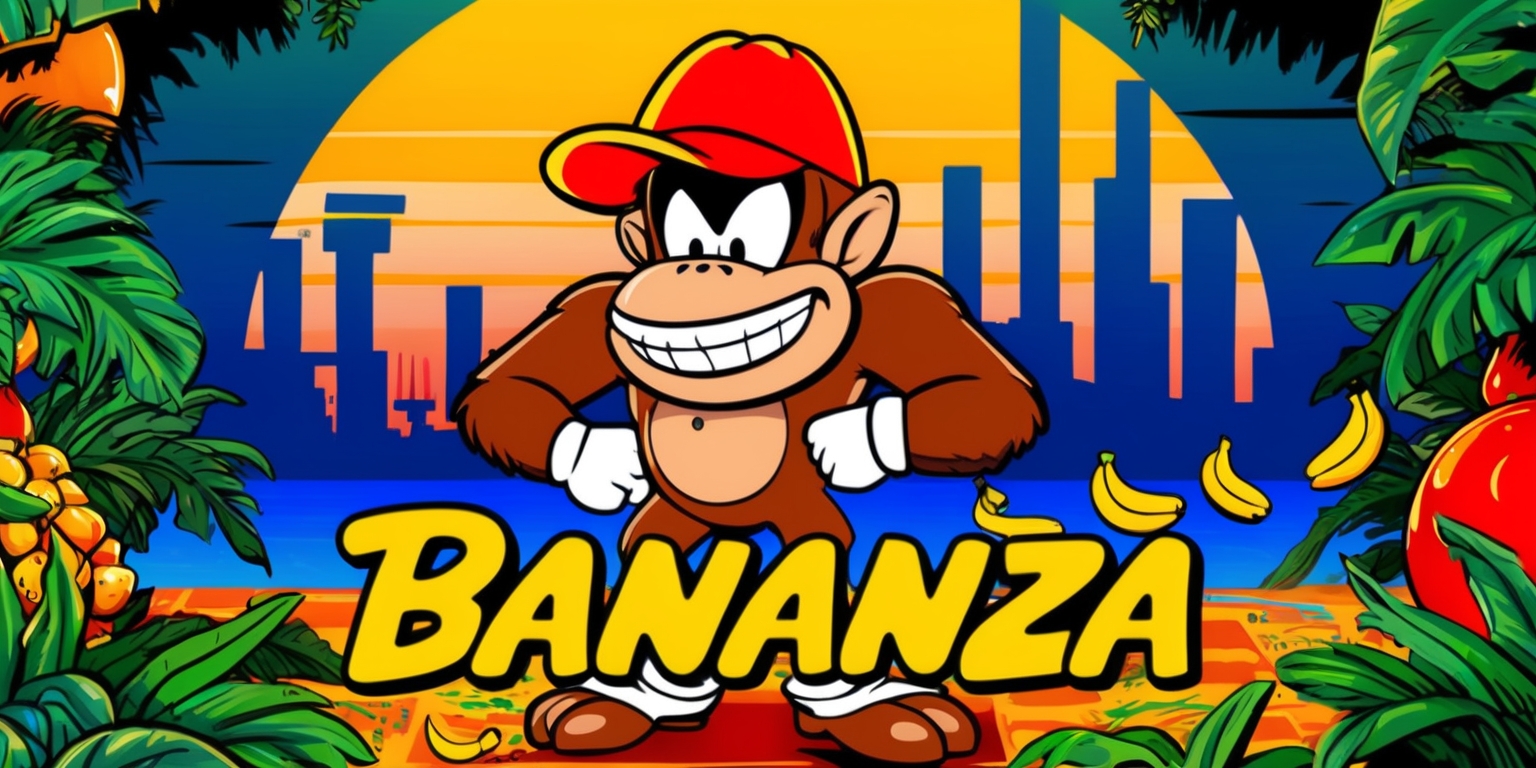 A vibrant, colorful illustration of Donkey Kong, the iconic video game character, standing in front of a cityscape at sunset, surrounded by lush greenery and exotic fruits, with a few bananas scattered around him, wearing a bright red hat and a cheeky grin, showcasing his playful and energetic personality, set against a warm, gradient blue background with subtle jungle-inspired textures, with bold, curved lines and dynamic composition, reminiscent of classic video game posters from the 80s and 90s, with the title Bananza written in bold, cursive, yellow font with a hint of 3D effect, evoking a sense of fun, excitement, and nostalgia.