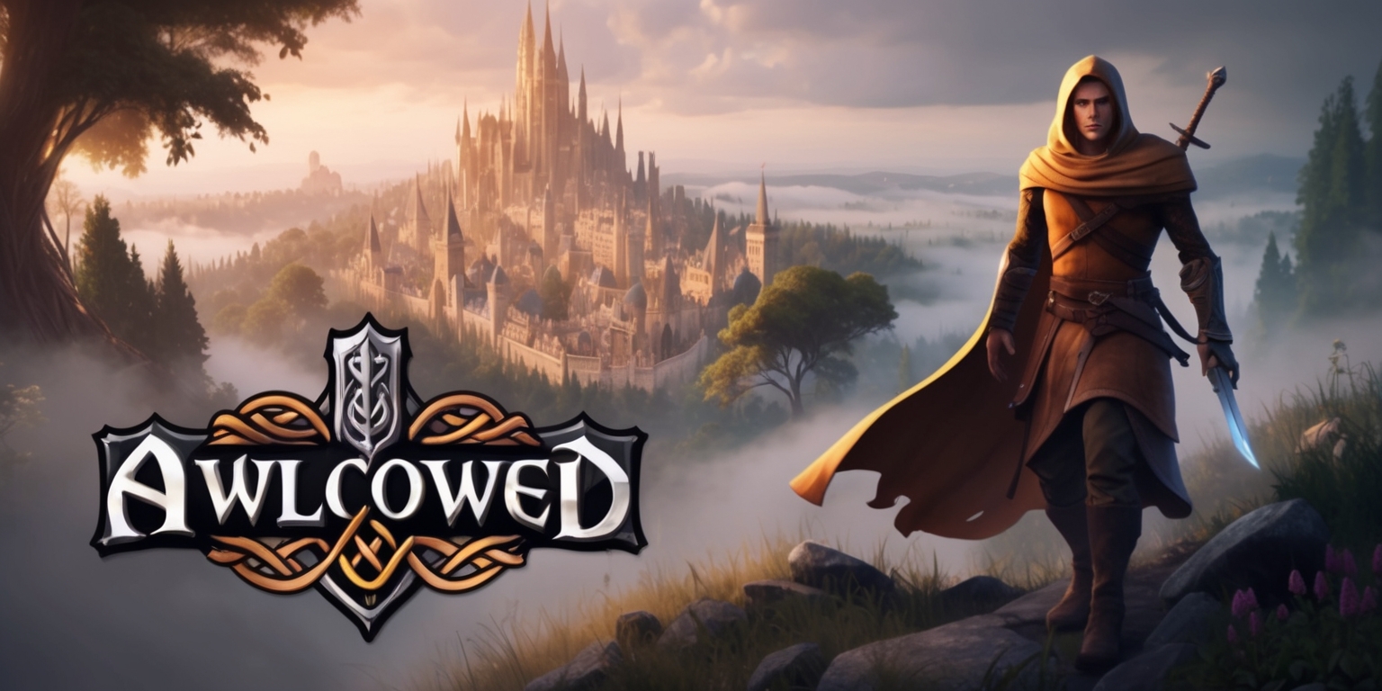 A mystical, medieval-inspired landscape featuring a heroic figure from the Avowed game, standing atop a rugged, mist-shrouded hill, with a sprawling, fantastical city in the background, its towering spires and grand architecture bathed in warm, golden light, as if at dawn or dusk, surrounded by lush, vibrant forests, with hints of mist and fog rolling in, evoking a sense of wonder and adventure, with the figure, cloaked and armed, gazing out at the viewer, their facial features strong and determined, skin tone a warm, golden brown, with a subtle, mysterious aura surrounding them, as if they are a chosen one, destined for greatness, with the game's logo, in bold, silver letters, with intricate, Celtic-inspired design elements, emblazoned on a banner or shield, proudly displayed in the foreground.