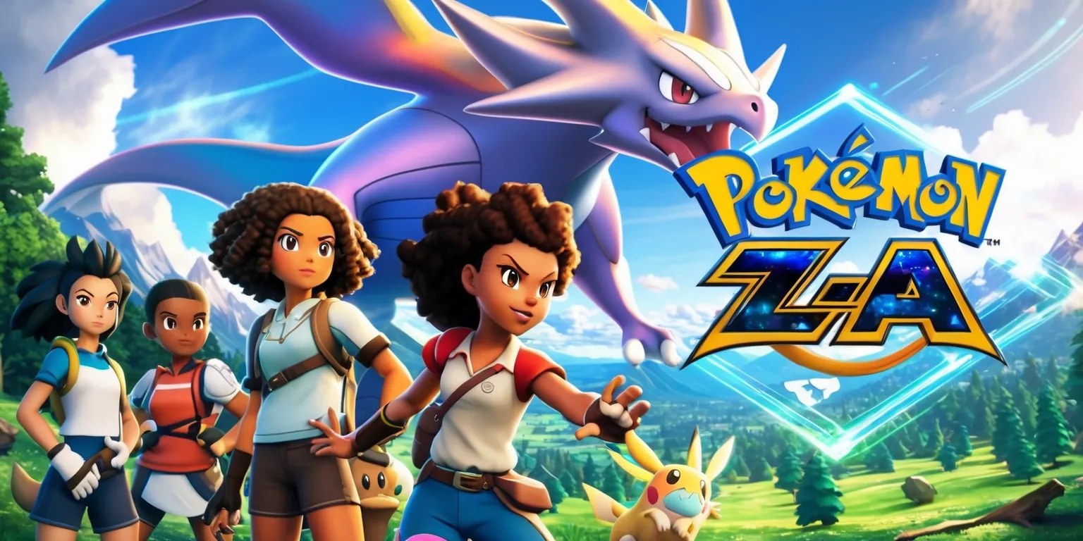 A vibrant and dynamic scene depicting the world of Pokémon Legends: Z-A, featuring a group of trainers with diverse facial features and skin colors, including a young woman with curly brown hair and a determined expression, standing alongside her trusty Pokémon, a massive and imposing dragon-type with iridescent scales, set against a stunning backdrop of lush green forests, majestic mountains, and vast open skies, with the Pokémon Legends: Z-A logo prominently displayed in bold, golden font, accented with subtle, glowing blue lines, as the trainers embark on an epic adventure, exploring uncharted lands, catching new Pokémon, and unraveling the mysteries of the Z-A region.