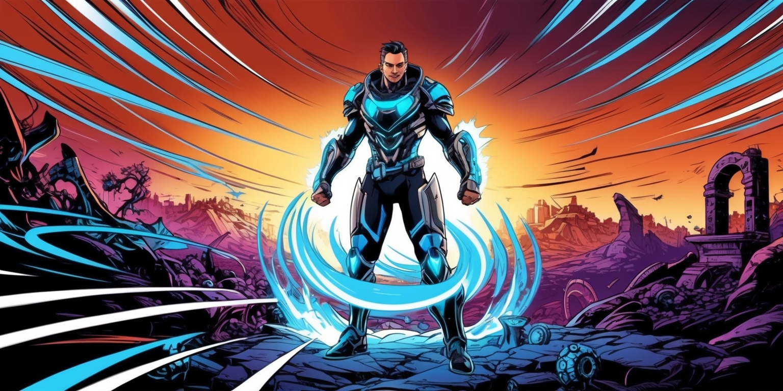 A vibrant, high-energy illustration depicting an upgraded action-adventure game, with a heroic protagonist standing triumphantly in the foreground, clad in sleek, metallic armor with glowing blue accents, surrounded by a whirlwind of dynamic, swirling motions, set against a rich, gradient background that shifts from fiery oranges to deep, mysterious purples, with hints of ancient ruins and mystical artifacts scattered throughout the landscape, and a subtle, futuristic glowing aura emanating from the protagonist's hands, suggesting advanced technology and magical prowess, all rendered in a stylized, comic book-inspired art style with bold lines, dramatic shading, and intricate textures.