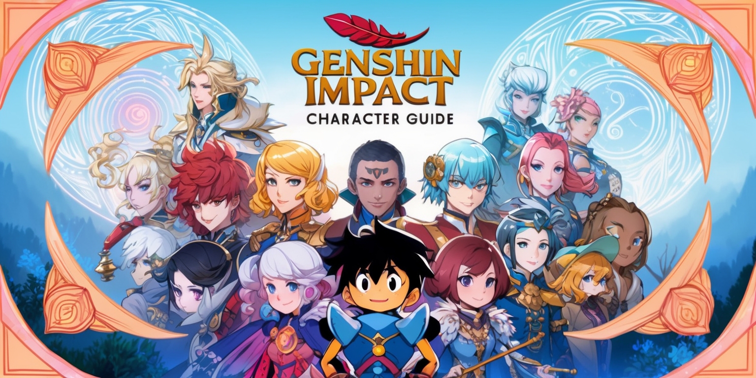 A vibrant, colorful illustration depicting a comprehensive guide to the characters of Genshin Impact, set against a serene, misty landscape inspired by the game's fantasy world of Teyvat. The characters, each with their unique outfits, hairstyles, and accessories, are arranged in a circular formation, with the game's iconic elemental symbols and intricate, swirling patterns in the background. The characters' facial features are expressive and detailed, with varied skin tones, eye shapes, and hairstyles. Paimon, the game's beloved mascot, sits at the center, surrounded by the main playable characters, including Amber, Kaeya, Lisa, and Mondstadt's Qiqi. The illustration is framed by ornate, curved borders with a subtle, gradient effect, blending shades of blue, pink, and gold. The title Genshin Impact Character Guide is emblazoned in bold, golden font at the top, with the game's logo, a stylized, crimson feather, placed prominently above. The overall style is a mix of anime-inspired illustrations and whimsical, fantastical elements, with intricate linework, delicate textures, and bursts of vibrant color.