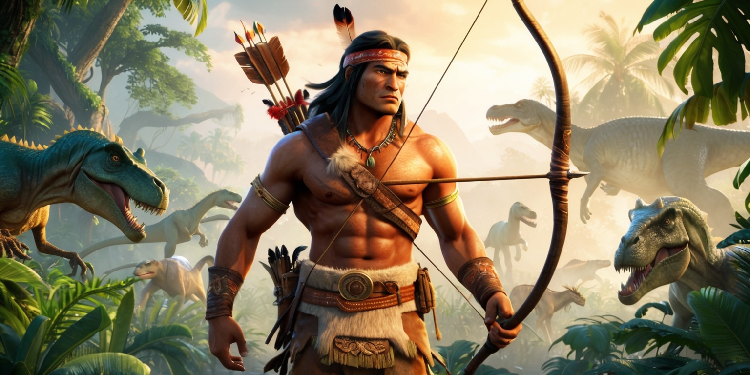 A highly detailed and vibrant scene from the Turok video game series, featuring the titular character, a fierce and muscular Native American warrior, standing heroically in the midst of a lush, prehistoric jungle environment, with lush green foliage, towering trees, and a misty atmosphere, surrounded by fierce dinosaurs and other dangers, with the character's facial features prominently displayed, including his strong jawline, determined expression, and distinctive headband, while wielding his trusty bow and quiver full of arrows, set against a warm and earthy color palette with hints of golden light and deep shadows, with a dynamic composition and intense action-oriented style, capturing the essence of the game's fast-paced and thrilling gameplay.
