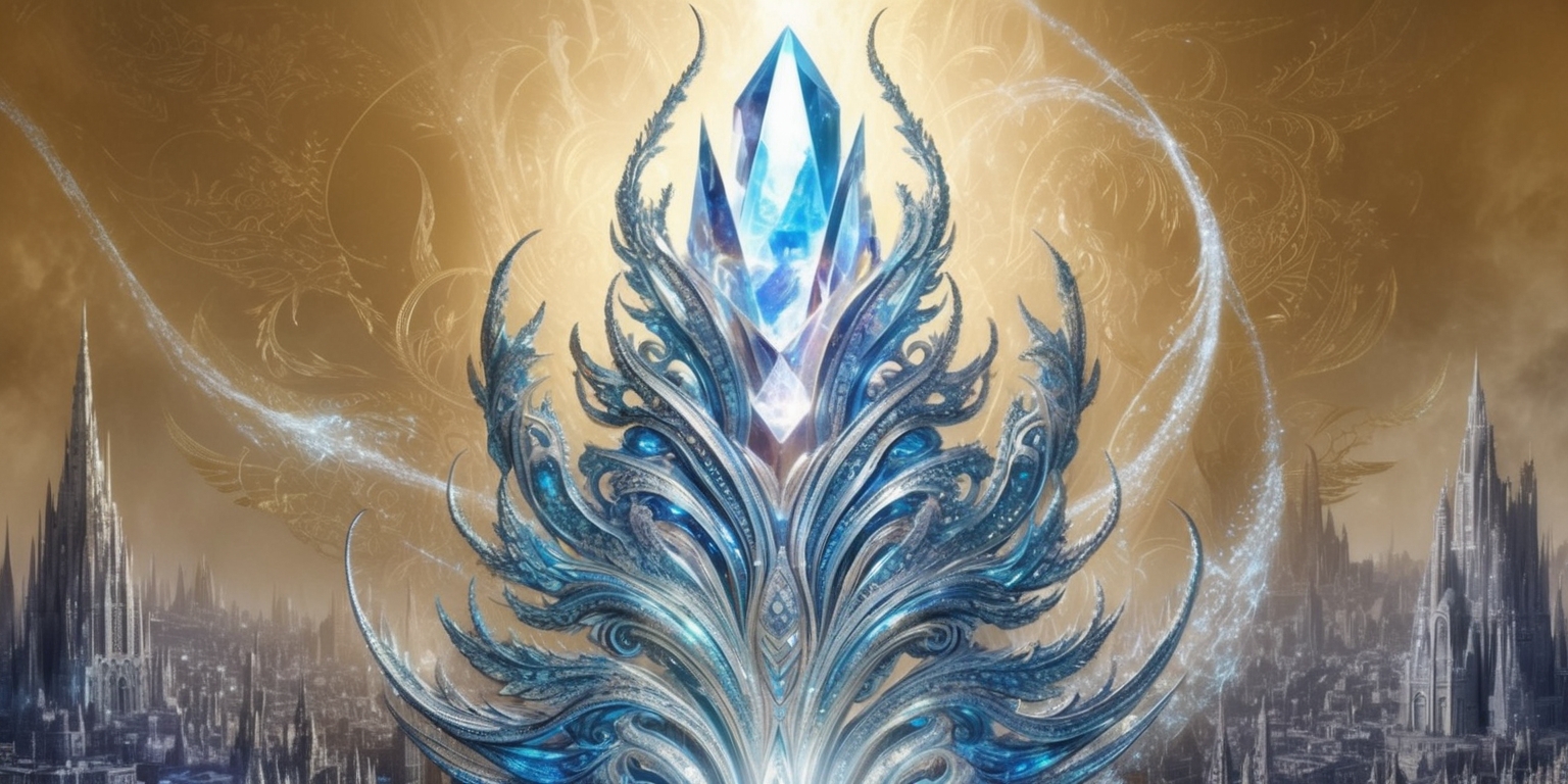 A majestic, ornate crystal rises from the heart of an ancient, mystical metropolis, evoking the forgotten city of Atlan, with intricate, swirling patterns that shimmer in shades of celestial blue and iridescent silver, set against a warm, golden background that hints at a long-lost era of magic and discovery, as if the crystal is a gateway to the secrets of this fabled realm, with delicate, lace-like details and subtle, shimmering highlights that seem to shift and glow as the viewer's gaze explores the image, with a sense of wonder and enchantment.