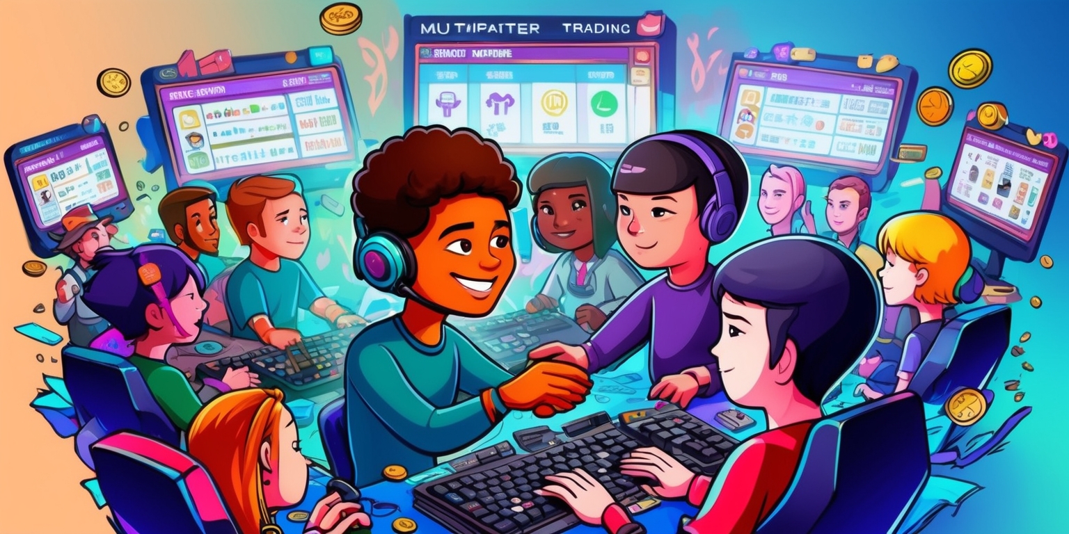 A vibrant digital illustration of a multiplayer trading game scene, set against a warm, gradient blue background, with various players from diverse ethnicities and ages interacting, exchanging virtual goods and resources, surrounded by screens displaying market trends, prices, and inventory, with a mix of futuristic and traditional elements, incorporating bold, bright colors, and dynamic typography, featuring a central figure with a friendly smile, brown skin, and short, curly hair, wearing a headset, engaged in a negotiation with another player, who has a more serious expression, pale skin, and short, straight hair, amidst a clutter of keyboards, mice, and gaming controllers, with a few iconic game logos and subtle patterns of coins, cards, and other game-related items, blending fantasy and reality, in a lively, energetic atmosphere, with soft, rounded shapes and sharp, geometric lines.
