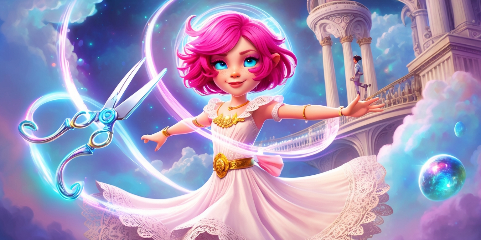 A vibrant, whimsical illustration of Nikki, the protagonist from the Infinity Nikki game, set against a dreamy, surreal background with swirling clouds and stars. Nikki is depicted in a heroic pose, with her bright pink hair styled in a messy, curly bob, a kind smile on her heart-shaped face, and sparkling blue eyes that shine like diamonds. She wears a flowing white dress with intricate lace details and a golden belt around her waist, with a delicate, shimmering aura surrounding her. The Art Nouveau-inspired architecture of the game's fantastical world blends seamlessly into the background, with ornate pillars, grand staircases, and mysterious, glowing orbs. The color palette is a mix of soft pastels, rich jewel tones, and iridescent hues, evoking a sense of magical realism. In the foreground, Nikki's iconic scissors, which serve as a portal to other dimensions, lie suspended in mid-air, glowing with an ethereal light.